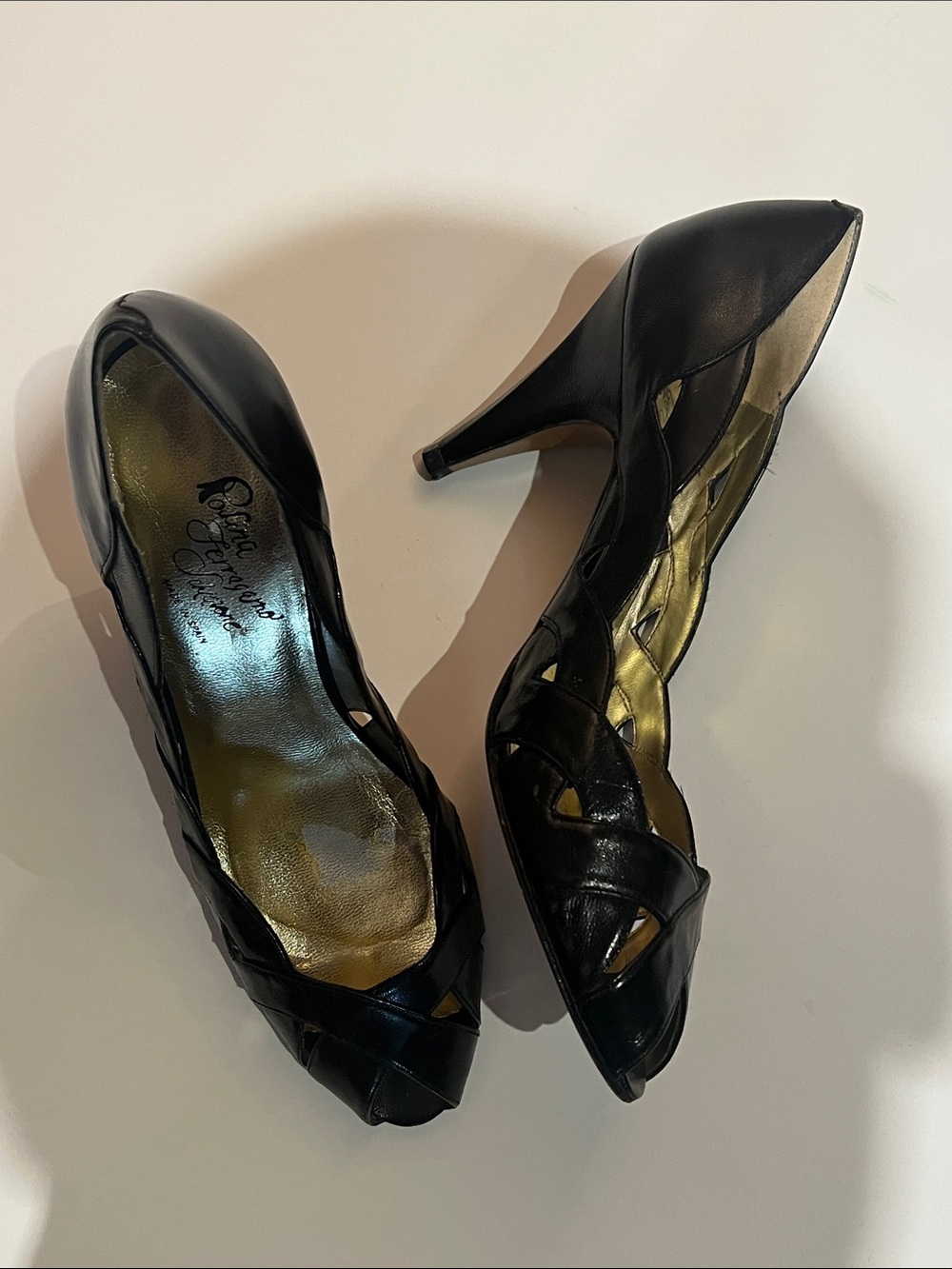 Salvatore Ferragamo Black Peep-Toe Cutout Leather Heels